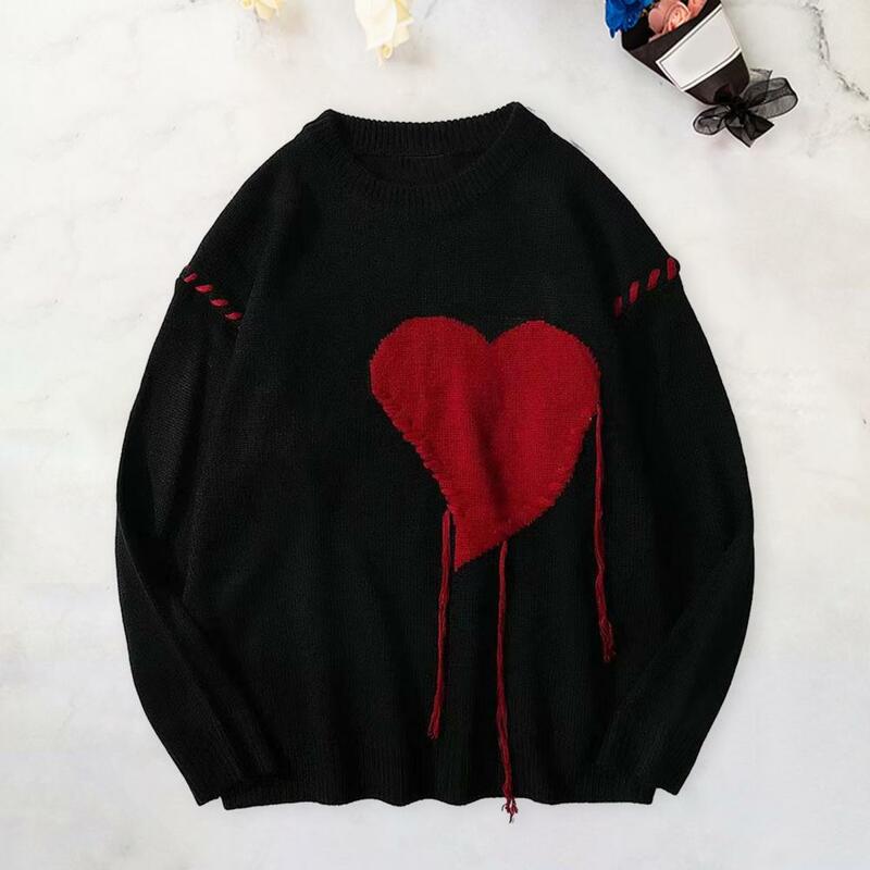 Round Neck Sweater Cozy Heart Sweater for Fall Winter Unisex Knitted Pullover with Soft Warmth Loose Fit Couple for Comfort