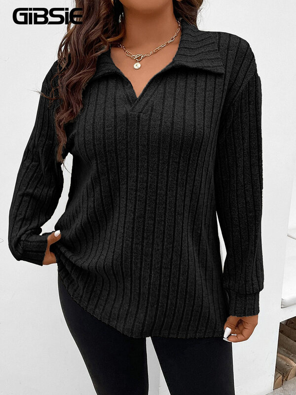 GIBSIE-Camiseta de talla grande para mujer, camisa de manga larga con cuello tipo Polo, informal, de punto acanalado, lisa, para primavera y otoño, 2023
