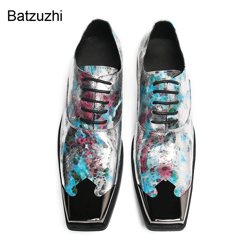 Batzuzhi męskie buty kolor skórzana sukienka buty męskie sznurowane specjalne kwadratowe metalowe Toe biznes/Party i buty ślubne męskie, 38-46
