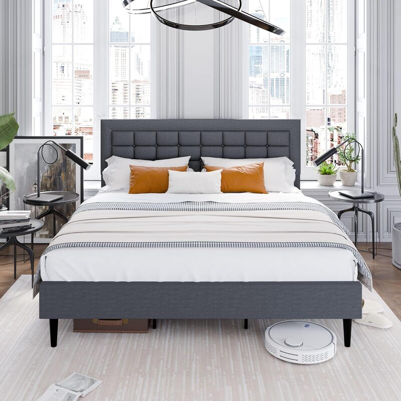 โครงเตียงพร้อมกระดุมเย็บสี่เหลี่ยมบนหัวเตียงโครงเตียง12 "พื้นที่เก็บของและผ้าลินินไม่จำเป็นต้องใช้สปริงกล่อง