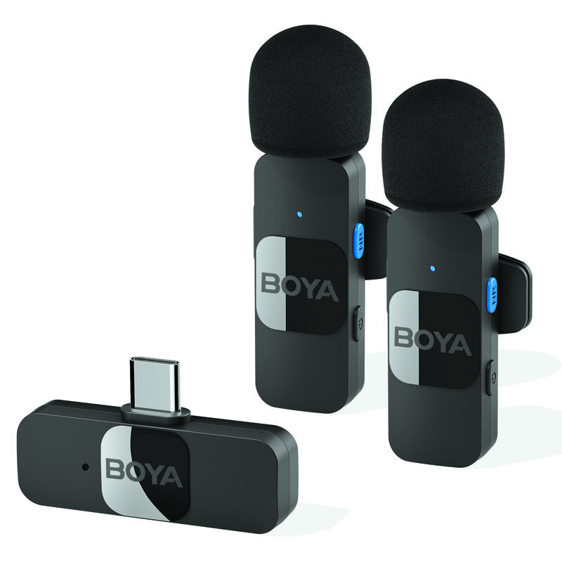 Boya BY-V1 1-Trigger-1 2.4G Draadloos Microfoonsysteem Clip-On Microfoon Revers Microfoon Automatisch Paar 50M Bereik Voor Iphone 14/13 Type-C