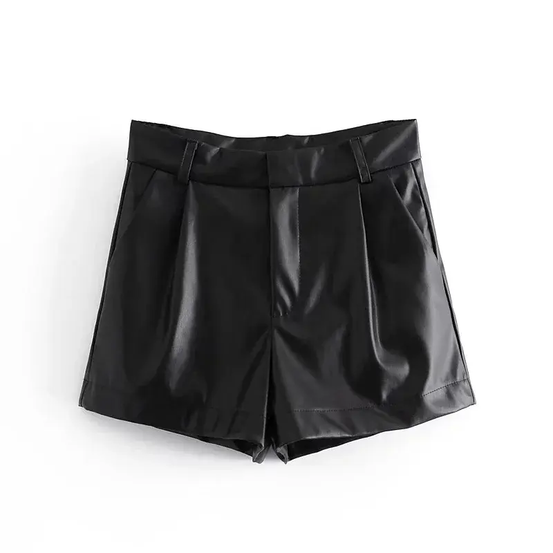 Pantalones cortos de piel sintética para mujer, Shorts de cintura alta con bolsillos laterales, Vintage con cremallera, pierna ancha, Ropa de calle, 2024