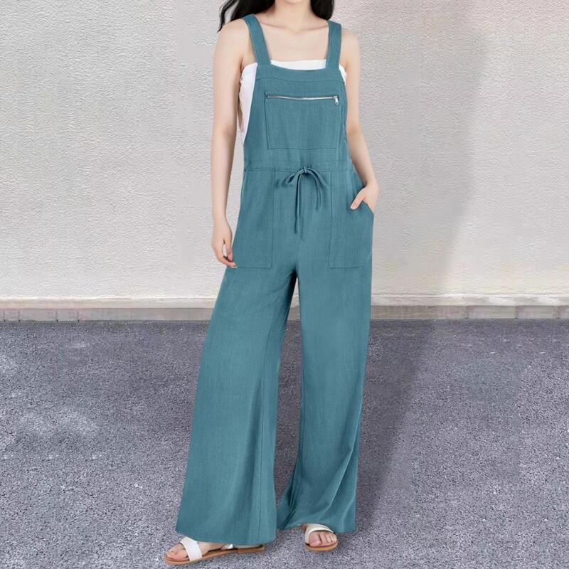 Casual Wide-leg Jumpsuit Stylish Summer Women's Sleeveless Jumpsuit with Backless Design Wide Leg Zipper Pocket for Ol Commute
