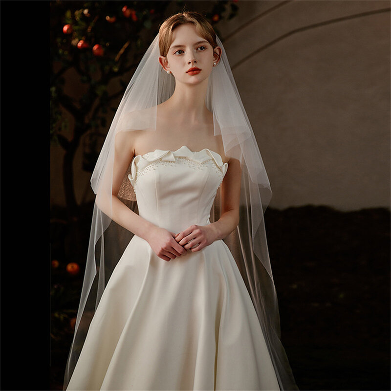 Limit Discounts Simple Two Layers Wedding Veils Ivory White Short Tulle Bridal Veil with Sweep Train Wedding Accessories