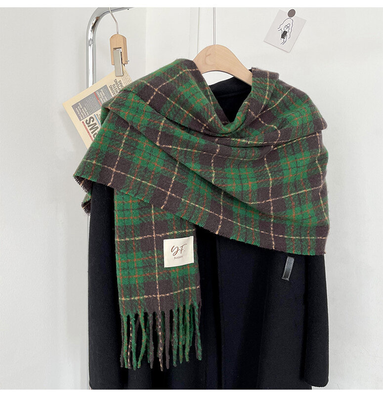 Sciarpa in Cashmere da donna Plaid verde Vintage inverno coreano spesso caldo lungo nappa scialle collo regalo di natale accessori moda