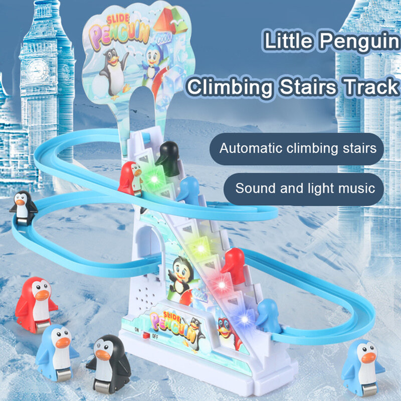 Set mainan geser babi bebek, Set mainan lucu tangga memanjat otomatis kartun hewan dengan lampu musik hadiah ulang tahun untuk anak-anak