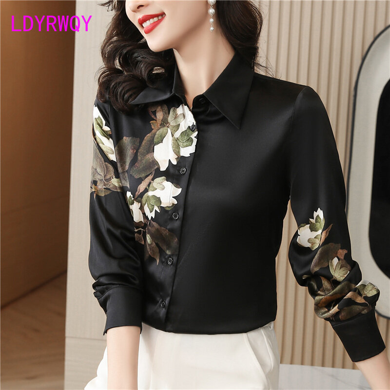 Camisa de seda negra estampada de estilo chino para mujer, camisa de manga larga con botón superior de seda de morera, primavera y otoño, novedad de 2024