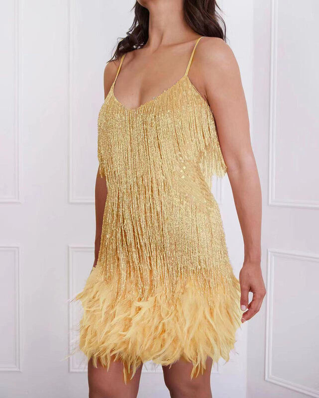 Elegante Feestkleding Vestido Pailletten Kwastje Veren Prom Dress Patchwork Mouwloze Spaghettibandje Jurken Voor Dames