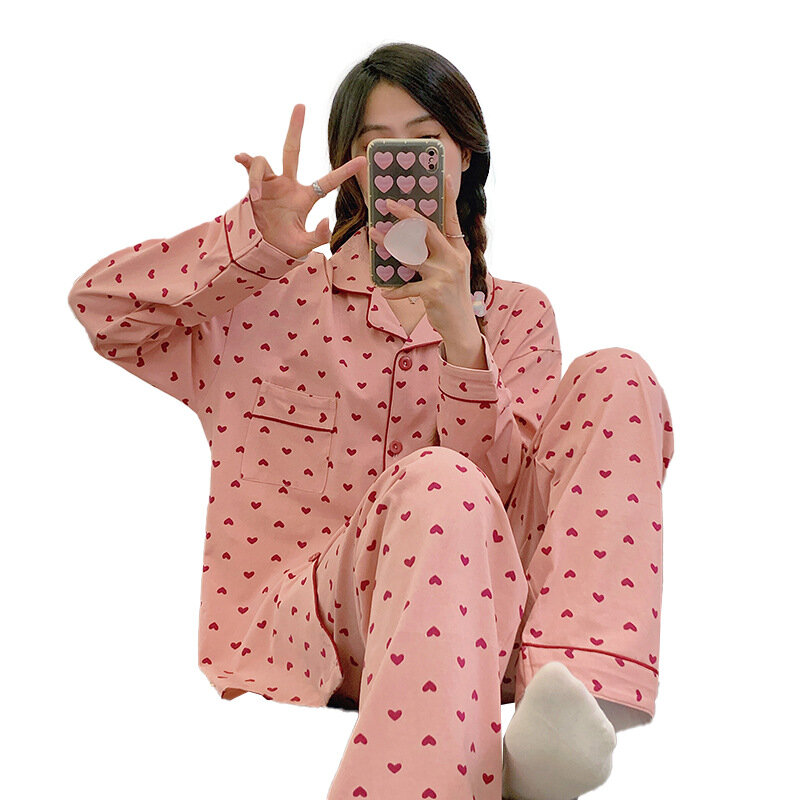 Conjunto de pijamas de manga comprida feminino, pijama estampado em coração, calças, pijamas, botões, primavera, verão, outono, Homewear, 2 peças