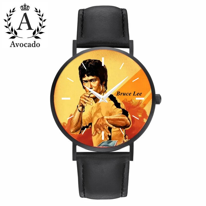 Bruce Lee Quarzuhr Mode Lässig Alle Schwarz Leder Armbanduhr für Film Fans