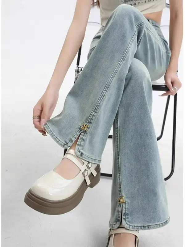 Frühling einfache Mode hellblau lässig Frauen Jeans schick hohe Taille schlanke klassische Split Vintage Basic Flare Street weibliche Jeans