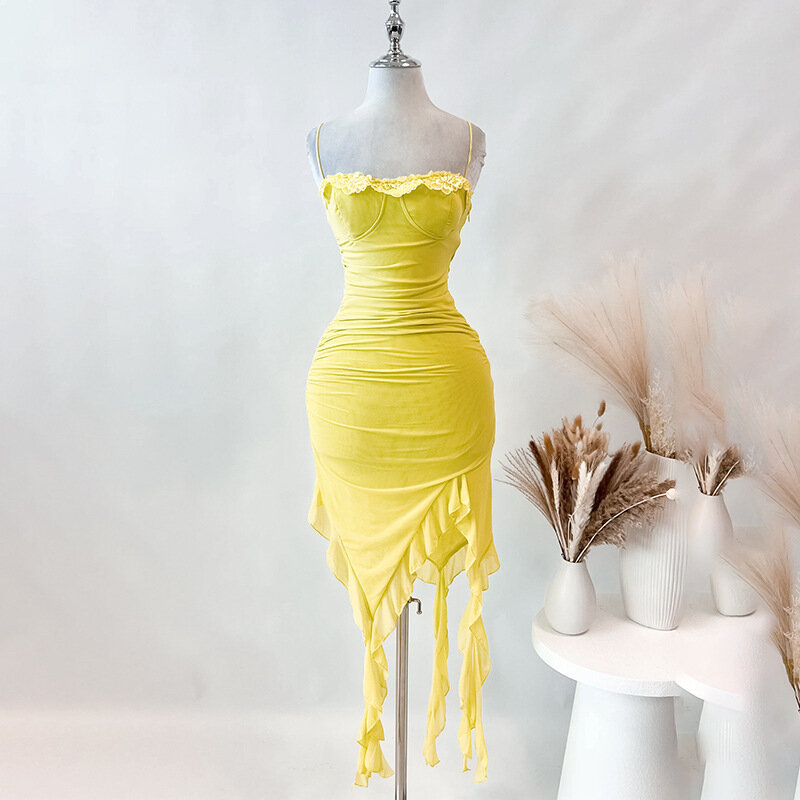 Sexy Yellow Women Prom Dress Strap Sleeveless Summer Midi Sheath Evening Party Gown Irregular Ruffled Edge Formal Birthday Robe