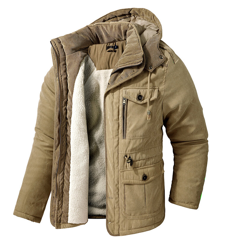 Новая Мужская Утепленная парка, теплая зимняя куртка, кашемировые флисовые пальто, военная уличная ветровка с хлопковой подкладкой, верхняя одежда с капюшоном