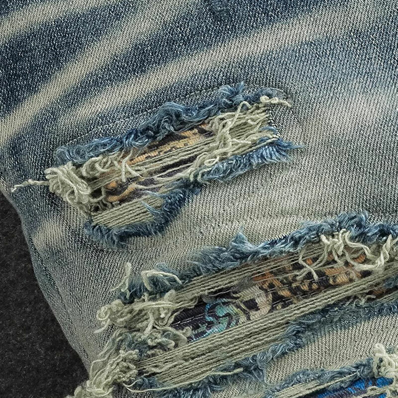 Główna ulica modne dżinsy męskie Retro sprany niebieski Stretch chudy krój porwane jeansy mężczyzn łatany projektant Hip Hop markowe spodnie Hombre