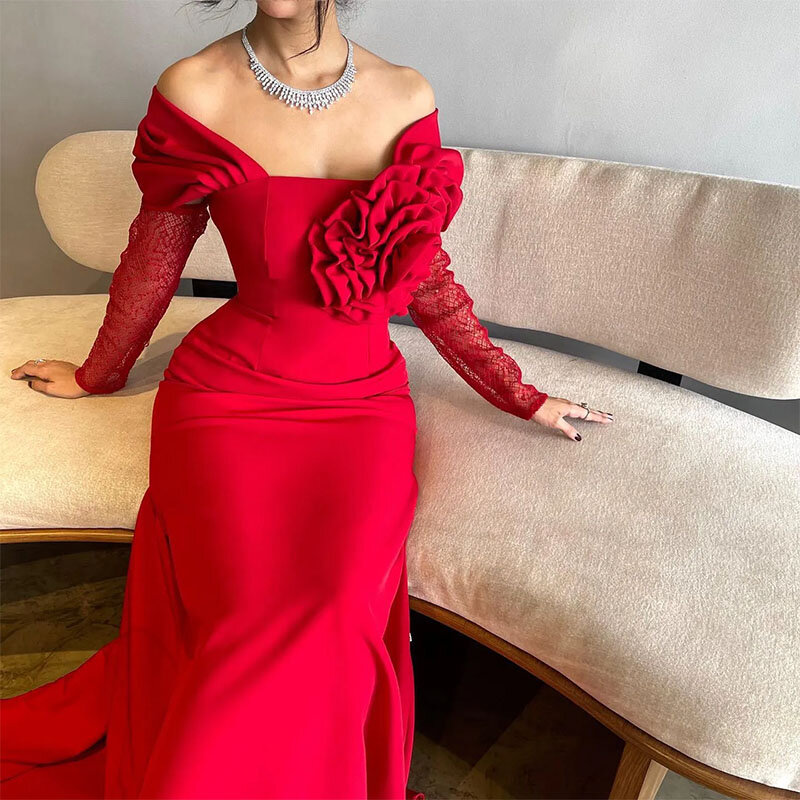 Elegant Red Evening Dresses Off the Shoulder Long Sleeves  Handmade Flowers Mermaid Sweep Train Party Gowns for Women