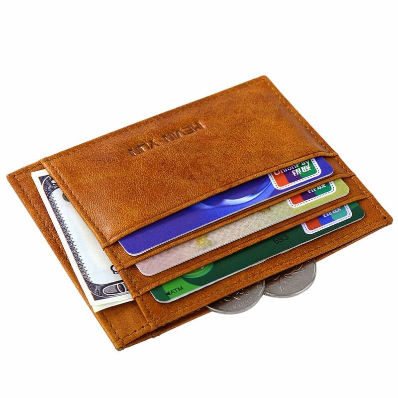 Moda masculina magro titular do cartão de couro genuíno caso de cartão de crédito carteira