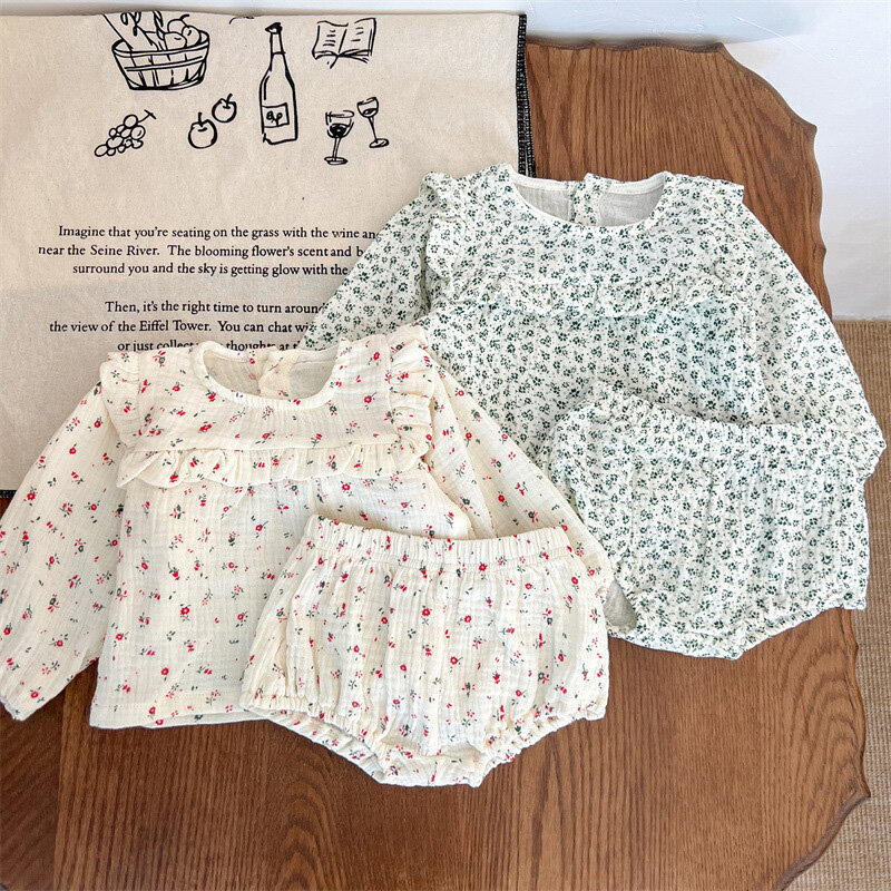 T-shirt estampado de algodão de manga comprida infantil e PP Shorts Set, roupas de bebê menina, terno, novo, primavera, outono, 0-3Yrs, 2022