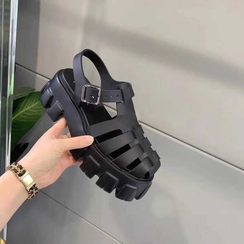 Womens Sandals with Hollow Toe Caps Simple Solid Color Sandals Thick Soles Non-slip Fashion PU Leather Buckle Womens Roman Shoes