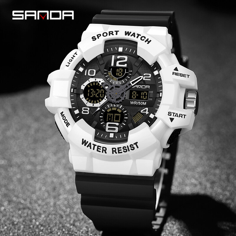 SANDA 브랜드 밀리터리 워치 남성용 디지털 충격 스포츠 시계, 남성용 방수 전자 손목시계