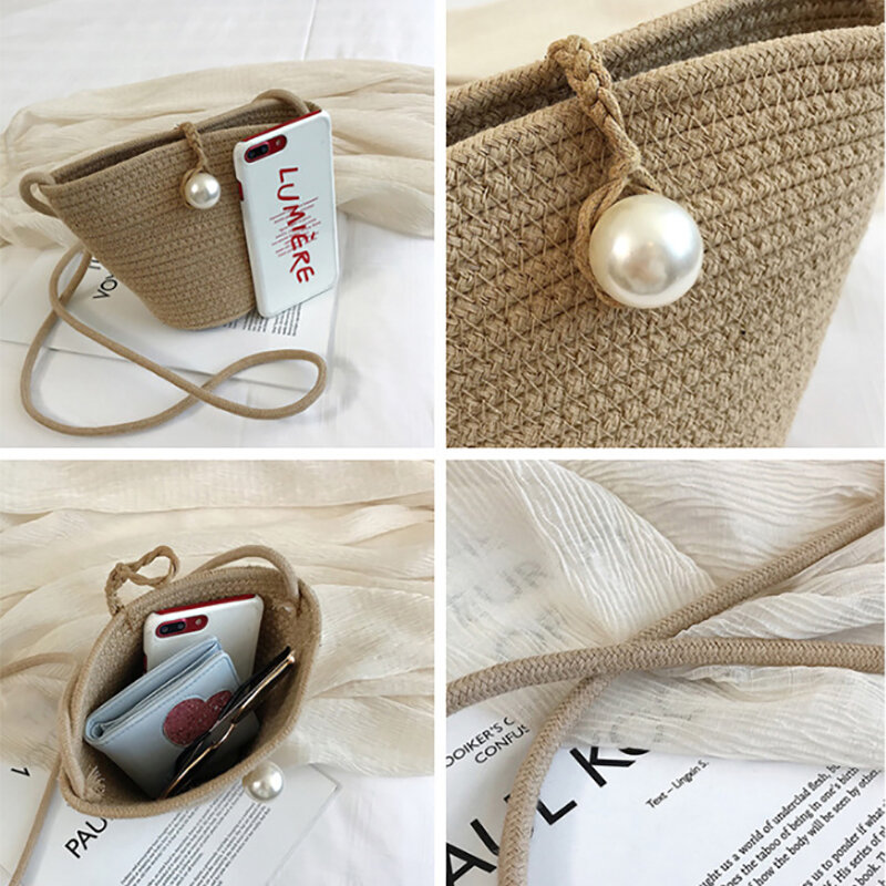 Bolsas de paja de varios estilos, bolsa de bolas de masa de perlas tejidas a mano, Mini bolsa de playa tejida de algodón