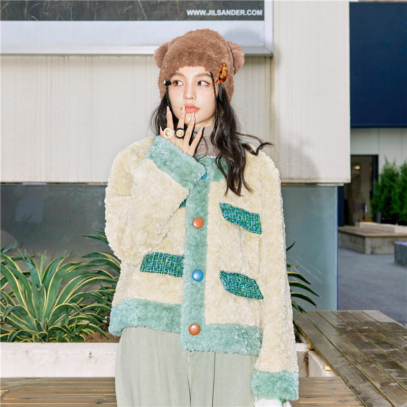 Casaco de lã de manga longa feminino com bolsos, jaquetas femininas de imitação de pele, gola redonda, casaco quente grosso, coréia, outono, inverno