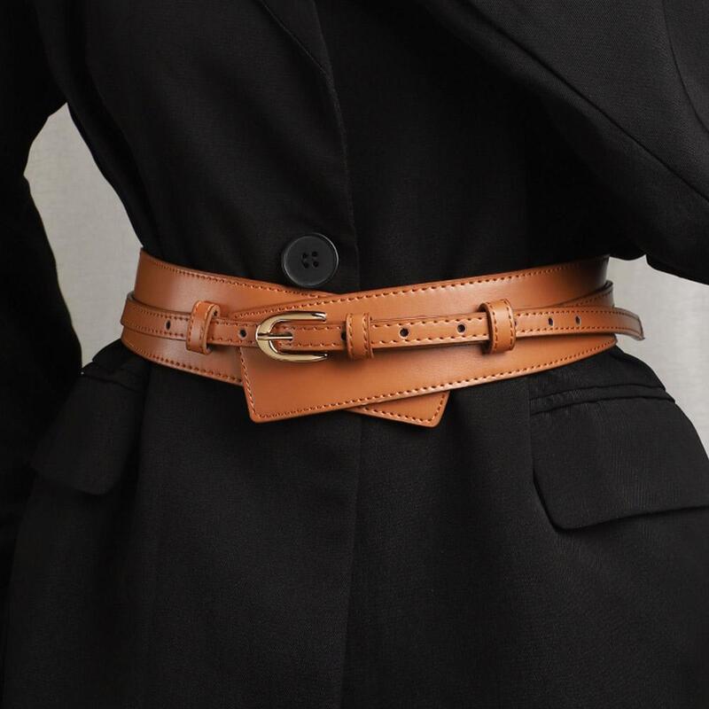 Faja desmontable de cuero PU para mujer, elegante cinturón ancho con hebilla de Pin, abrigo Vintage, cinturón de vestir, cintura ancha y suave, P5Q9