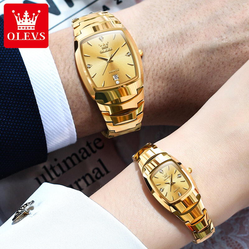 Olevs-男性と女性のためのカップル腕時計、タングステン鋼ストラップ、防水、自動日付、時計、高級ブランド、オーバークォーツ腕時計、新しい