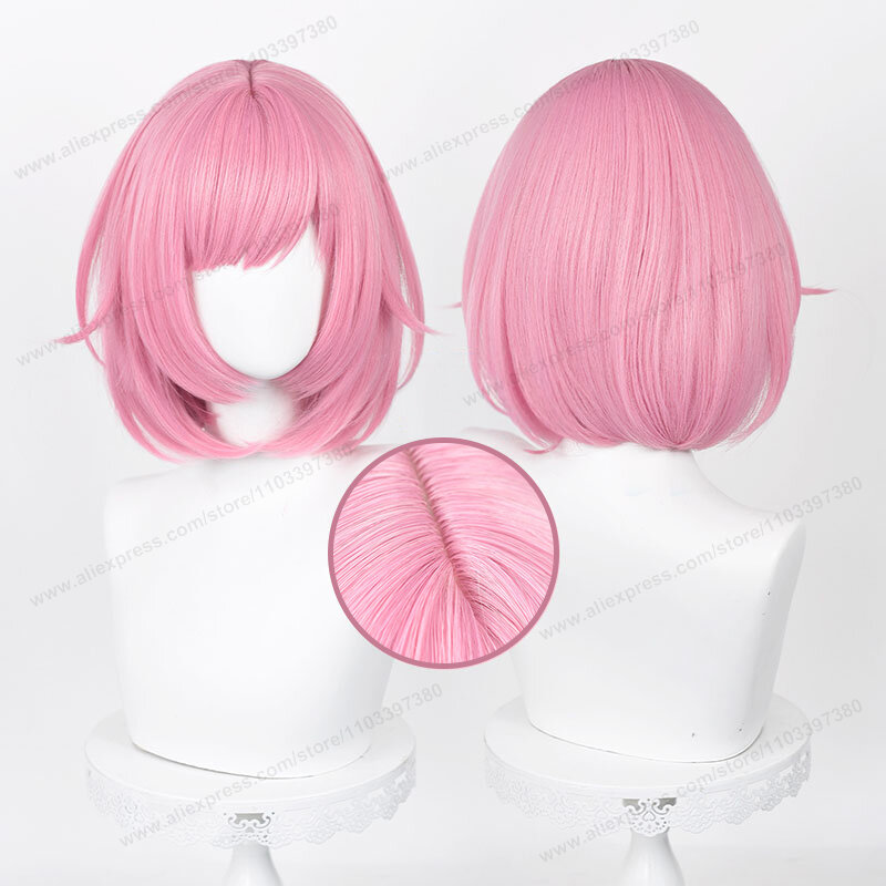 Ootori IMU Wig Cosplay Anime, Wig sintetis tahan panas rambut merah muda pendek 34cm + topi Wig