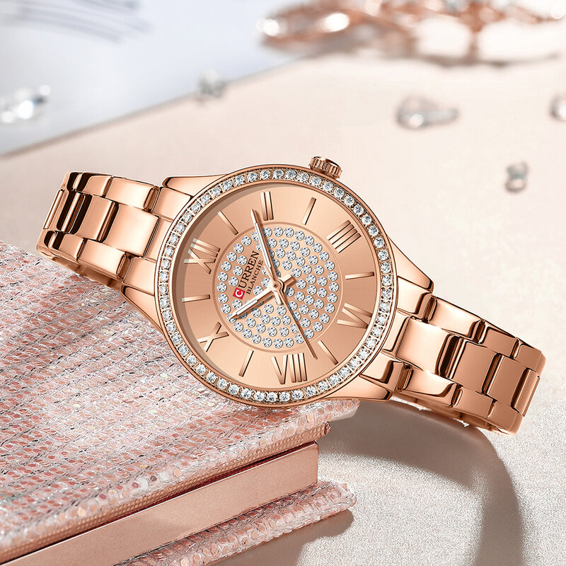 Curren-Relógio de luxo strass para mulheres, mostrador rosa, pulseira de aço inoxidável, quartzo relógios, moda, novo