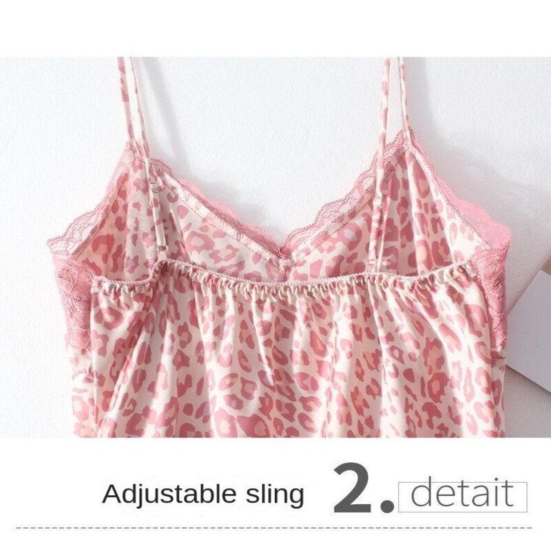 Pijama de renda estampa leopardo fino, sexy, roupa para casa, roupa ao ar livre, novo, moda verão, rosa