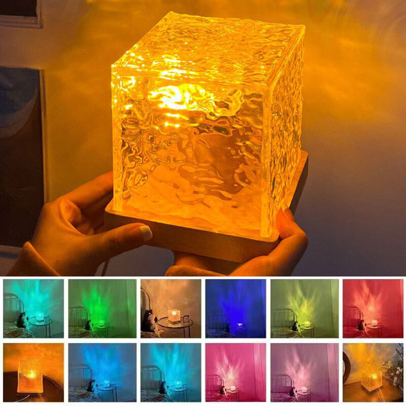 Lampada di cristallo USB proiettore di ondulazione dell'acqua luce notturna lampada di atmosfera quadrata telecomando luce di tramonto luce decorativa per la casa RGB