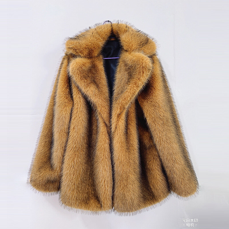 Abrigo largo medio de piel sintética para mujer, abrigo cálido con cuello levantado, moda coreana, otoño e invierno, novedad