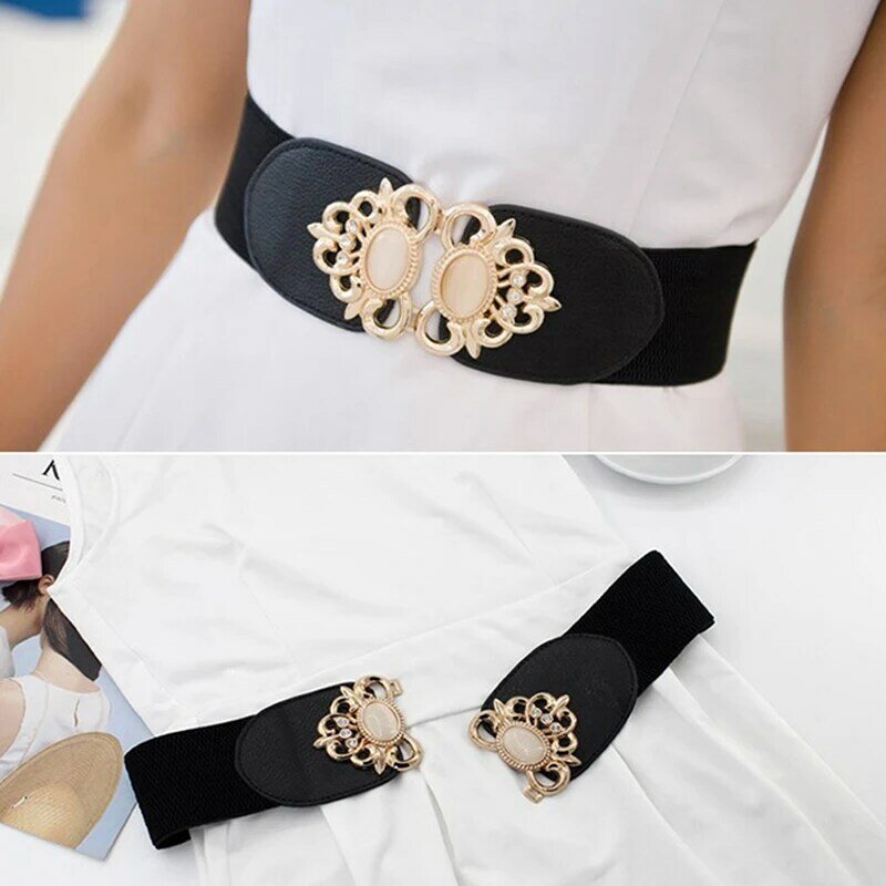 Cinturón ancho metálico de cuero PU para mujer, banda elástica de cintura estrecha, vestido Cinch, 1 unidad