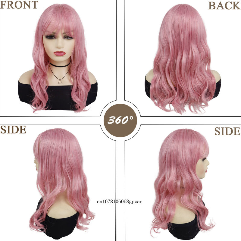 Wig rambut sintetis merah muda panjang, Wig Cosplay Bob Lolita berombak halus dengan poni untuk wanita gadis pesta tahan panas
