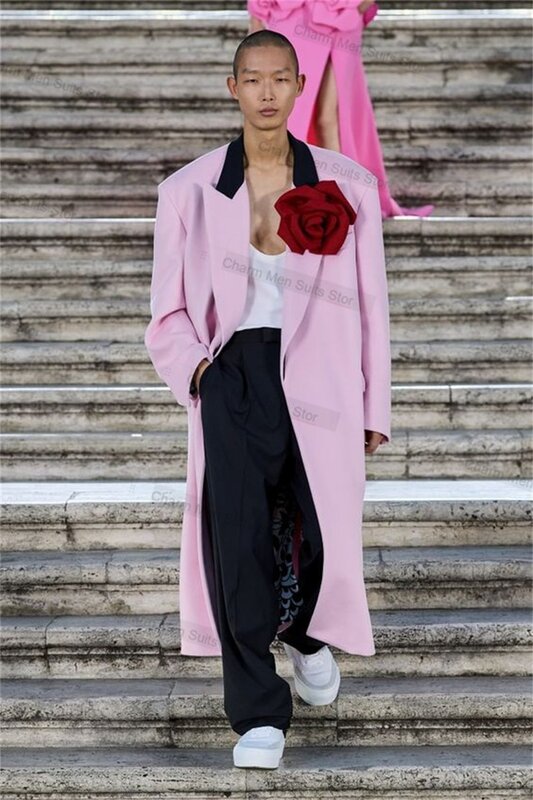 정장 핑크 남성 정장 세트, 긴 블레이저 및 바지, 맞춤 제작 재킷, 사무실 3D 꽃 신랑 웨딩 턱시도, 무도회 코트 복장, 2 피스