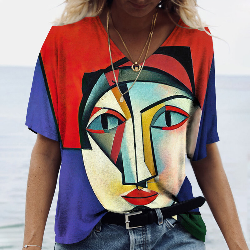 Damska koszulka z dekoltem w serek alfabet 3d moda Y2k Streetwear letnia krótka koszulka damska Oversized trójnik żeński koszulka sportowa Oversized