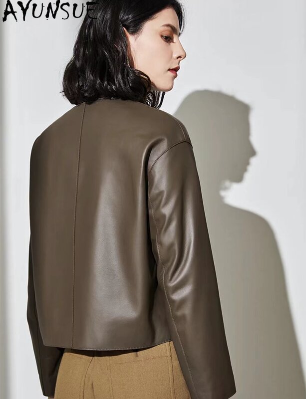 AYUNSUE-Jaqueta de couro real feminina, elegantes jaquetas de couro curto, casaco de pele de carneiro, moda o pescoço