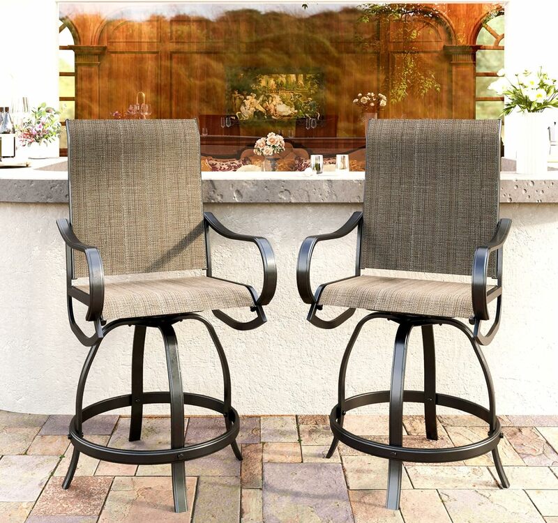 Outdoor Bar Stool, Patio Counter Height Sling Fabric Bar Chairs Set of 2, All-Weather Resistant, Brown