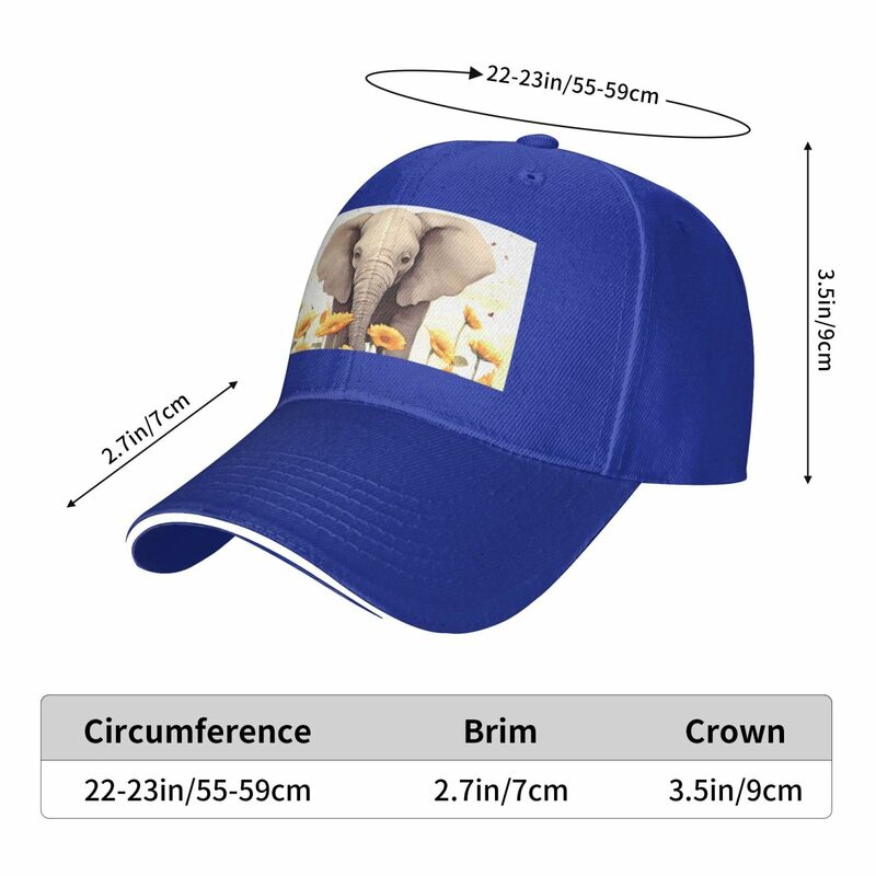 Topi bisbol pria dan wanita, tutup kepala Trucker profil rendah cetakan gajah dan bunga matahari dapat dicuci biru