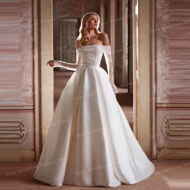 Elegant Strapless Wedding Dresses A Line Glitter Off The Shoulder Woman‘s Bridal Gowns Long Sleeve Satin Princess Robe De Mariée