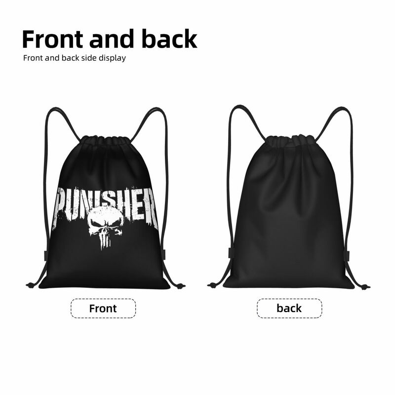 Custom Superhero Drawstring Bag para homens e mulheres, Portable Sports Gym Sackpack, Punisher Skull Symbol, Training Storage Backpacks