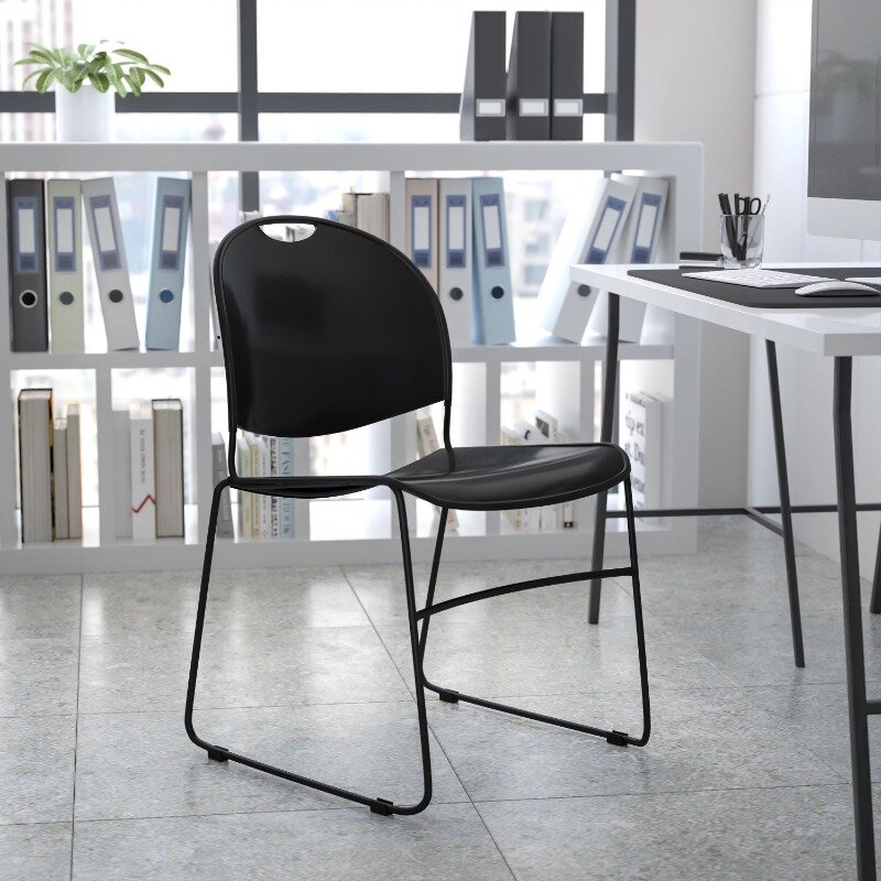 Ultra-Compact Black Stack Chair, Black Powder Coated Frame, 880 lb Capacidade