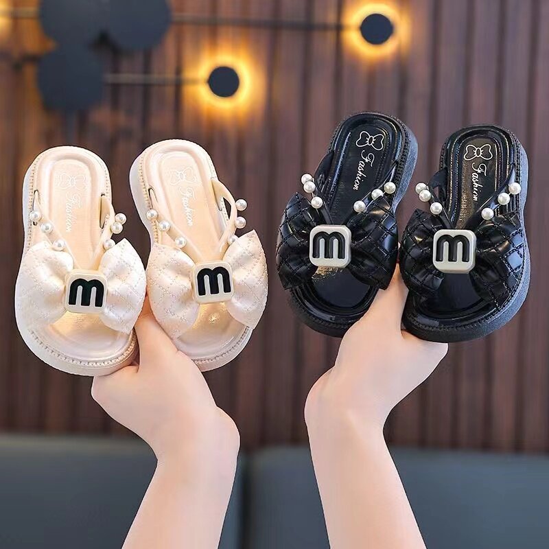 Kids Slippers Girls Slippers Bowknot Pearl Princess Slippers Summer Beach Sandals Girls Sandals Shoes Kids Slippers 2024 New