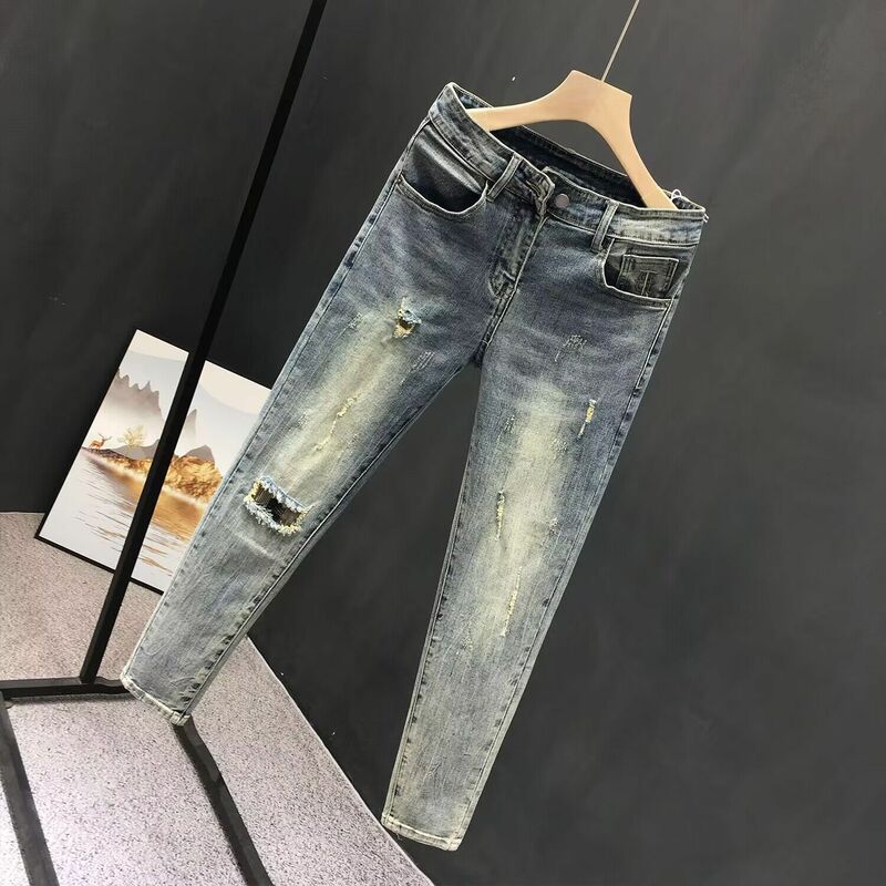 New Men's Retro Blue Washed Skinny Jeans with Distressed Ripped Holes Casual Slim Denim Pants Spring Autumn Luxury Clothing Men