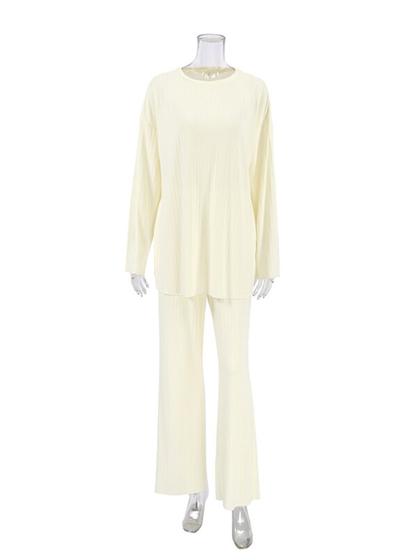 Marthaqiqi Apricot Home Clothes Women Long Sleeve Nightwear O-Neck Sleepwear Wide Leg Pants Winter Ladies Pajamas 2 Piece Suit