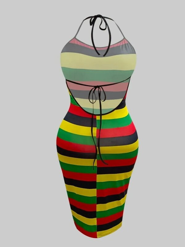 LW Plus Size Striped Backless Dress Color Contrast Sleeveless Mid Calf Wrapped Skirt Rainbow One Piece Overalls Boho Maxi Dress