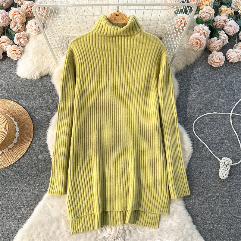 Vintage Turtleneck Knitted Sweater Women Korean Jumper Fashion Split Hem Loose Casual Long Sleeve Ladies Knitwear Pullover Tops