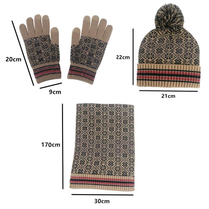 Women Winter Beanie Hat Long Scarf Touchscreen Gloves Set with Fleece Lined Jacquard Warm Knitted Hat with Plush Ball