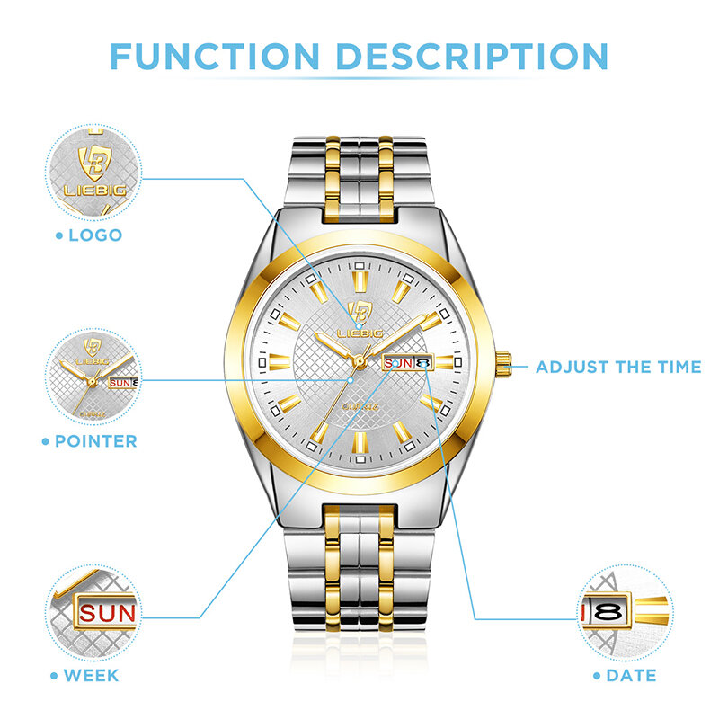 Liebig Luxe Roestvrij Staal Gouden Mannen Mode Horloges Tijd Datum Waterdicht Quartz Polshorloge Klok Voor Mannelijke Vrouwen Reloj