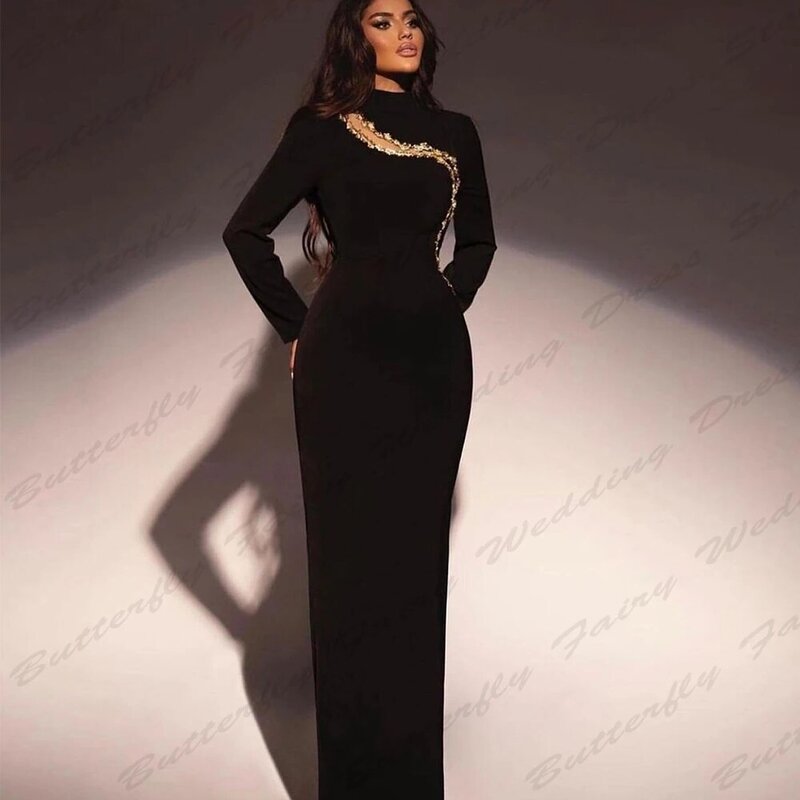 Elegant Mermaid Evening Dresses Fashion Beautiful High Necked Long Sleeved Gorgeous Satin Simple Mopping For Women Prom Gowns